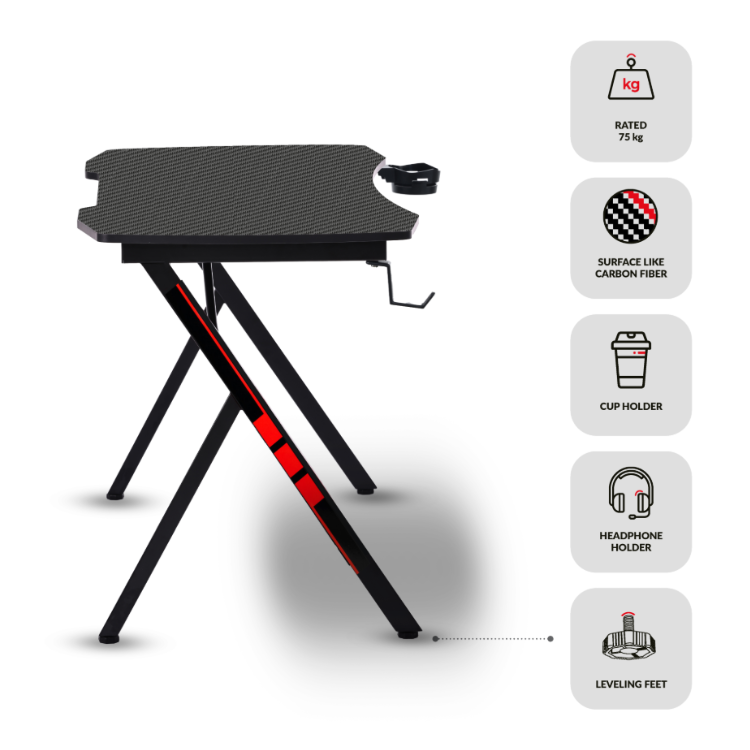 Black gaming desk, Napofix Yani, carbon fiber surface, red accents, cup and headphone holders.
