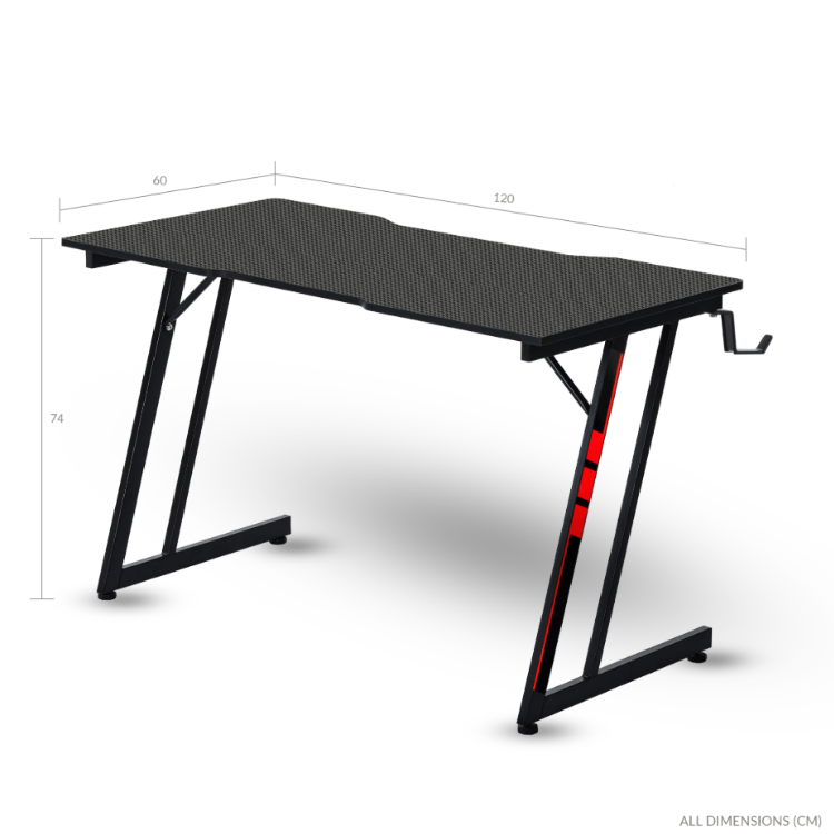 Black gaming desk, Napofix Zeti, 120x60cm, red accents, ergonomic design.