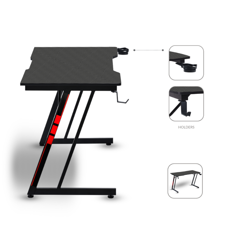Black gaming desk with red accents, Napofix Zeti, 120x60cm, adjustable height and holders.