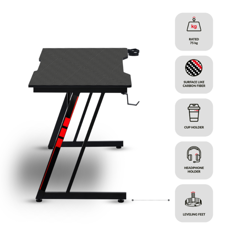 Black gaming desk, Napofix Zeti, 120x60cm, carbon fiber surface, red accents, cup and headphone holders.