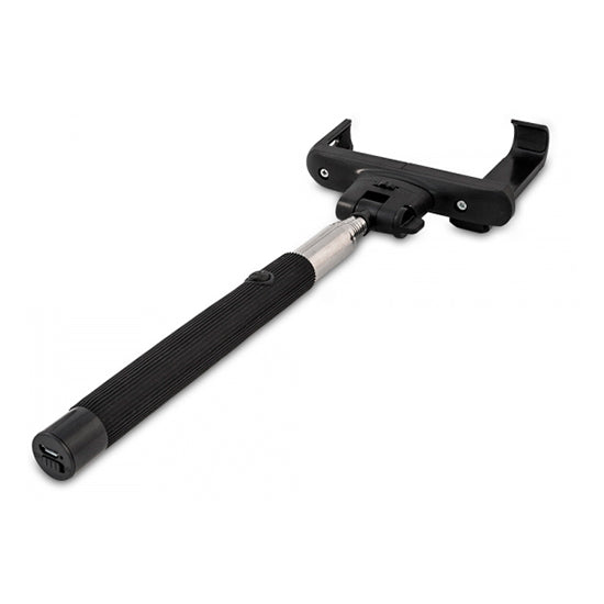 Selfie stick Bluetooth preto extensível com suporte para smartphone.