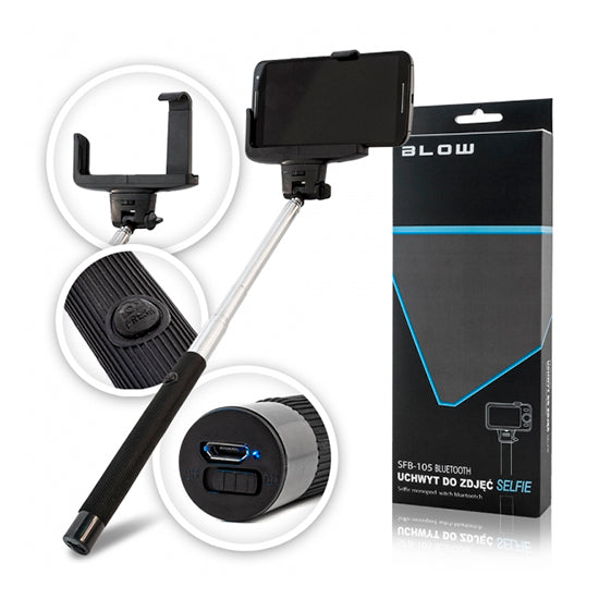 Selfie stick Bluetooth preto Blow SFB-105 com caixa e detalhes do produto.
