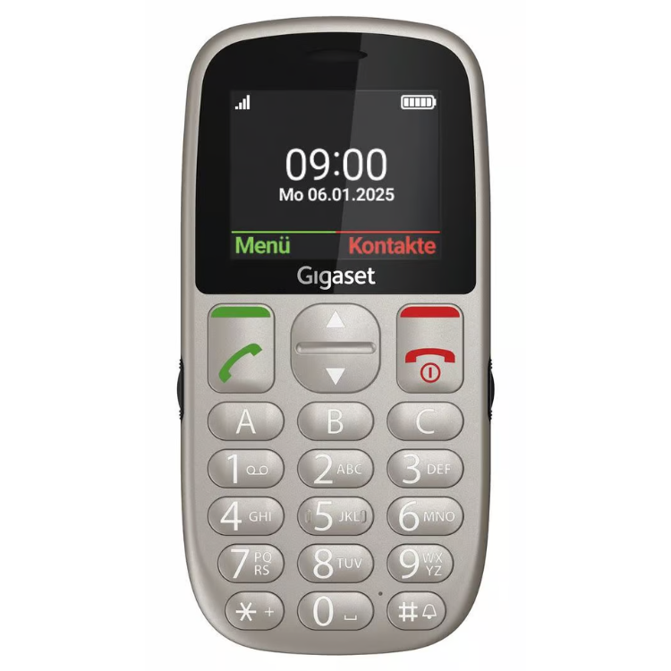 Telemóvel Gigaset GL395 prateado com teclas grandes e ecrã a mostrar o relógio.
