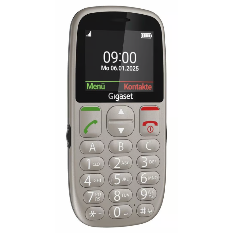 Telemóvel Gigaset GL395 prateado com teclas grandes e ecrã a mostrar o relógio.