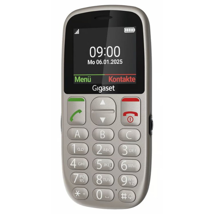 Telemóvel Gigaset GL395 prateado com teclas grandes e ecrã a mostrar data e hora.
