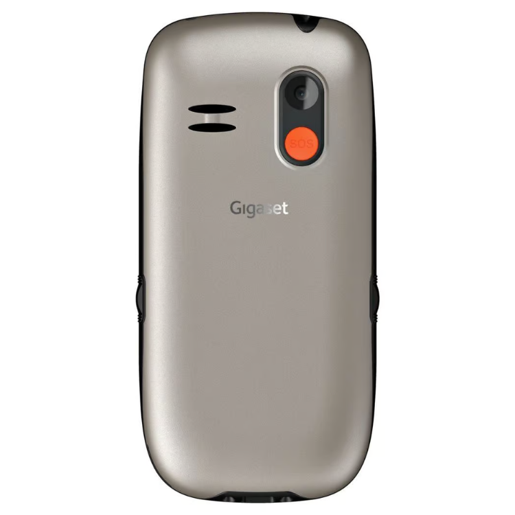 Telemóvel Senior Phone Gigaset GL395 prateado, parte traseira com câmara e marca Gigaset.
