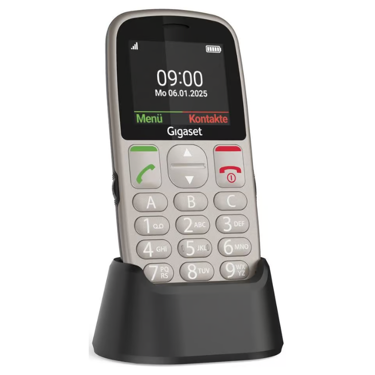 Telemóvel Gigaset GL395 prateado com teclas grandes e ecrã.