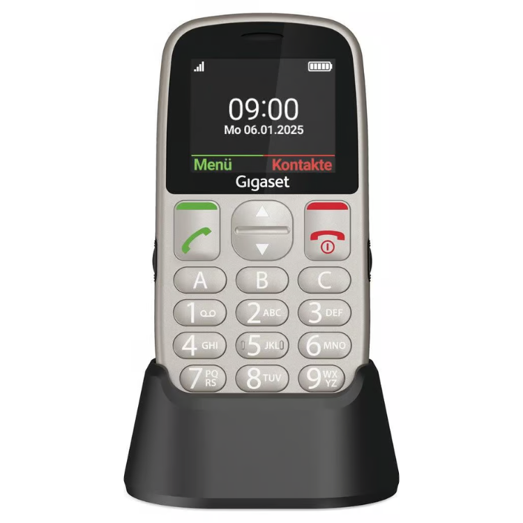 Telemóvel Gigaset GL395 prateado com teclas grandes e ecrã.