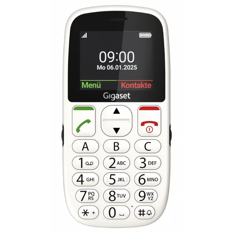 Telemóvel Gigaset GL395 branco com teclado e ecrã.