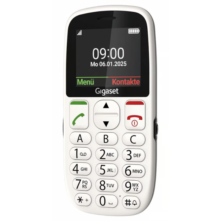 Telemóvel Gigaset GL395 branco com teclado e ecrã.