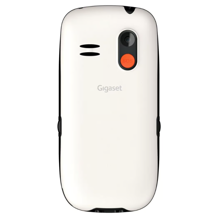 Telemóvel Gigaset GL395 branco, vista traseira com câmara e altifalantes.