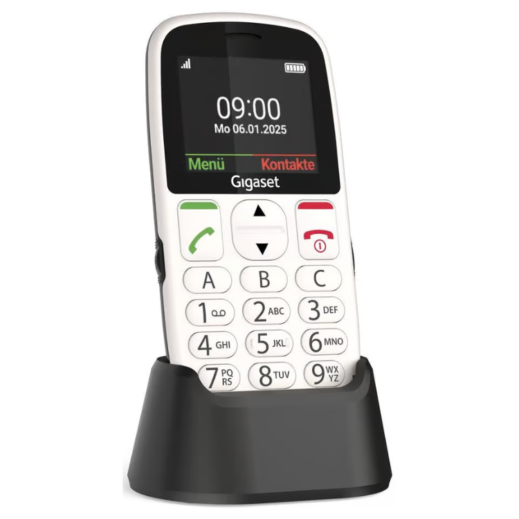Telemóvel Gigaset GL395 branco com ecrã e teclado grande.