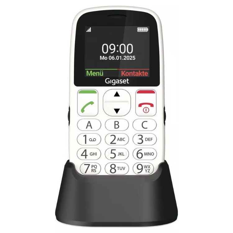 Telemóvel Gigaset GL395 branco com ecrã e teclado grande.