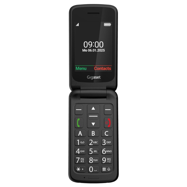 Telemóvel sénior Gigaset GL595 preto, com ecrã e teclado.