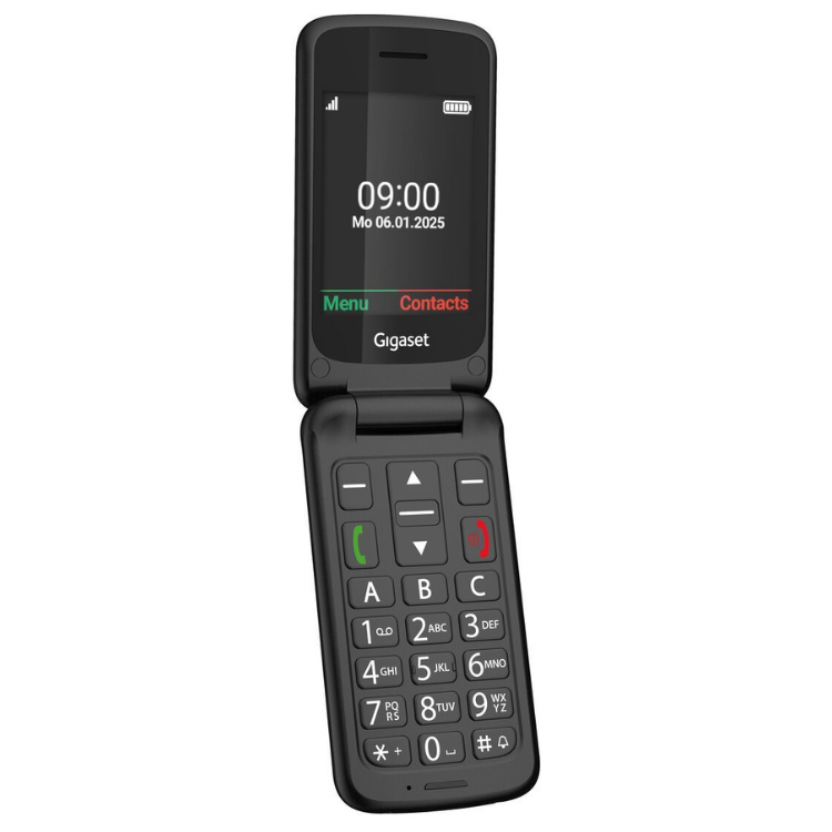 Telemóvel sénior Gigaset GL595 preto, com ecrã e teclado visíveis.