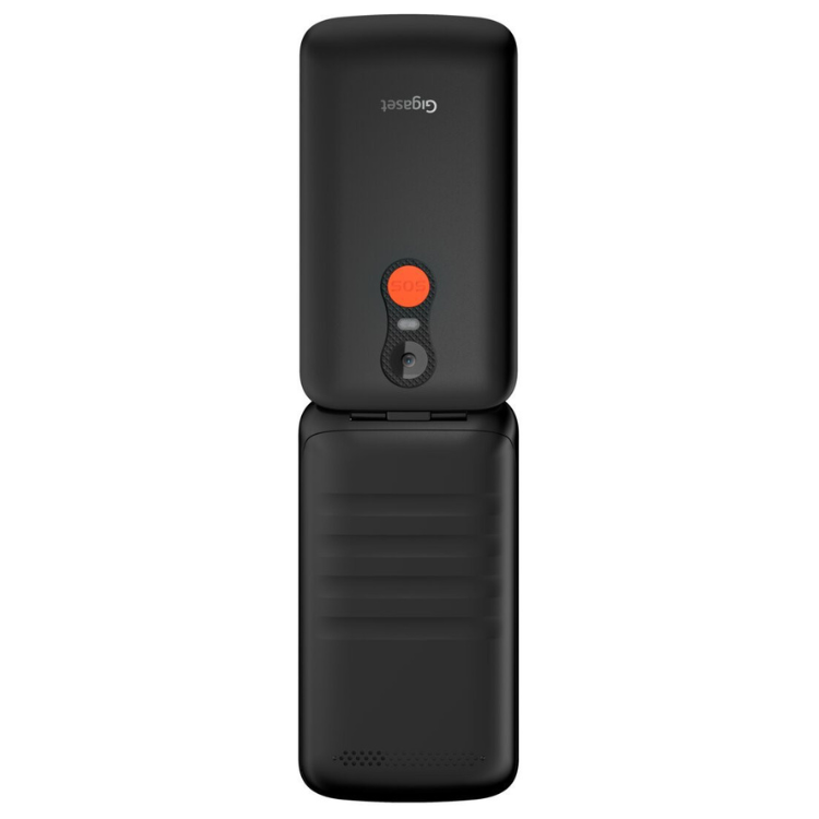 Telemóvel sénior Gigaset GL595 preto, formato concha, botão laranja e logotipo Gigaset.