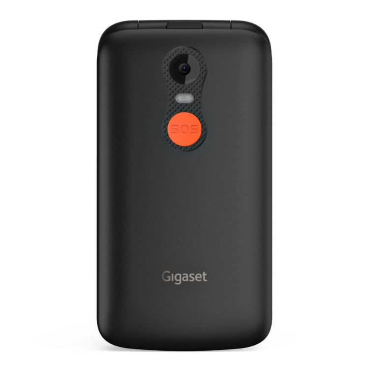 Telemóvel Gigaset GL595 preto com botão SOS laranja na parte de trás.
