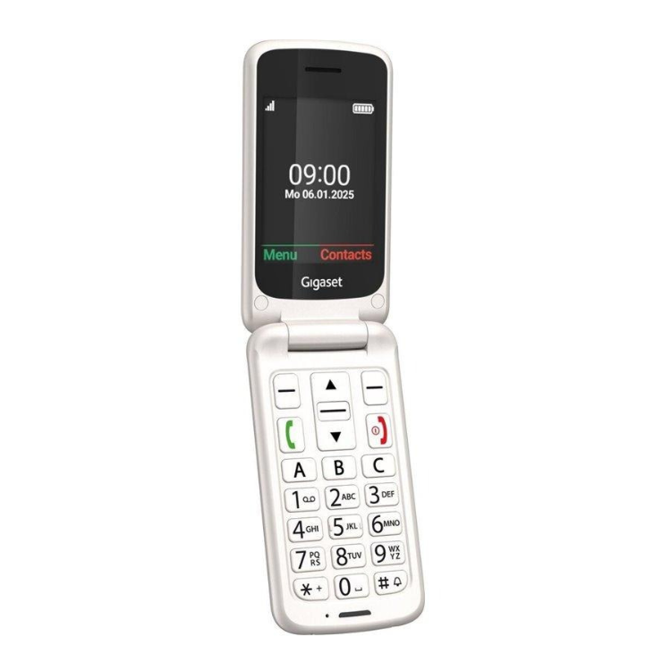 Telefone móvel sênior Gigaset GL595 branco, com concha e teclado numérico.
