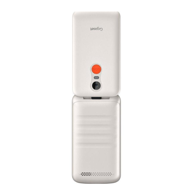 Telemóvel Senior Phone Gigaset GL595 Branco, com concha e botões laranjado e preto.