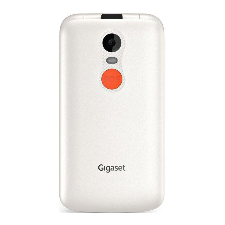 Telemóvel Gigaset GL595 branco, com botão SOS laranja e câmera.