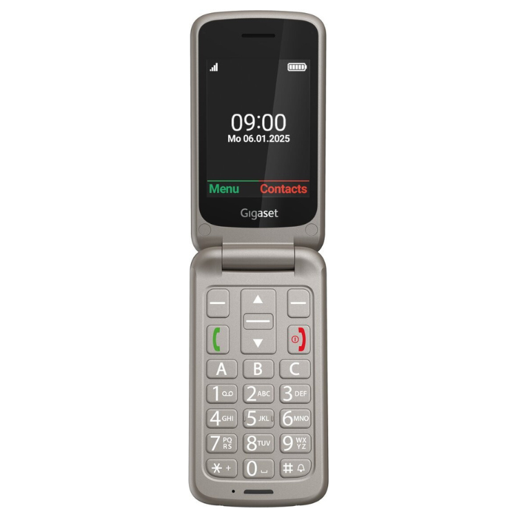 Telemóvel sénior Gigaset GL595 prateado com ecrã 2.8" e teclado físico.
