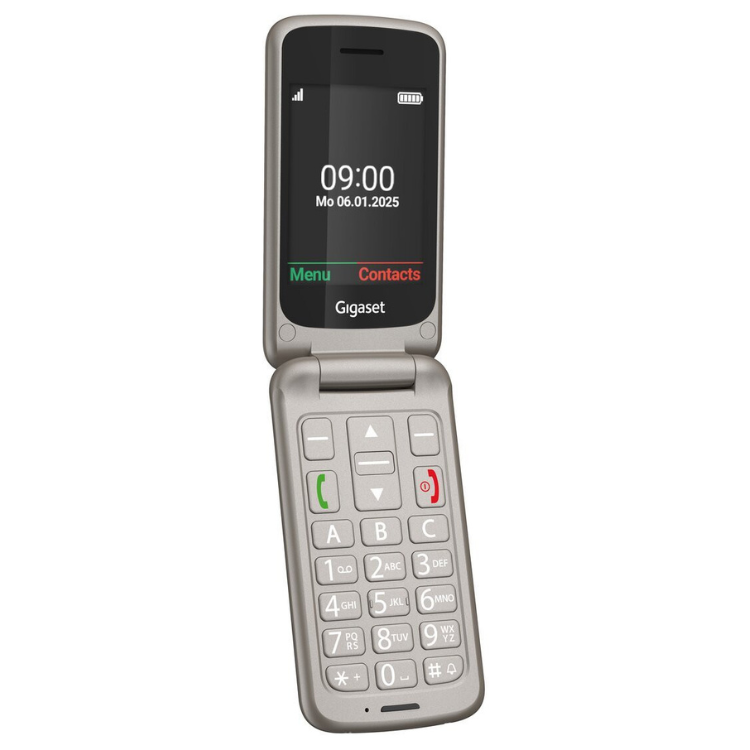 Telemóvel sénior Gigaset GL595 prateado com ecrã 2.8" e teclado físico.
