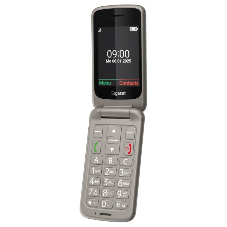 Telemóvel sénior Gigaset GL595 prateado com ecrã 2.8" e teclado físico.