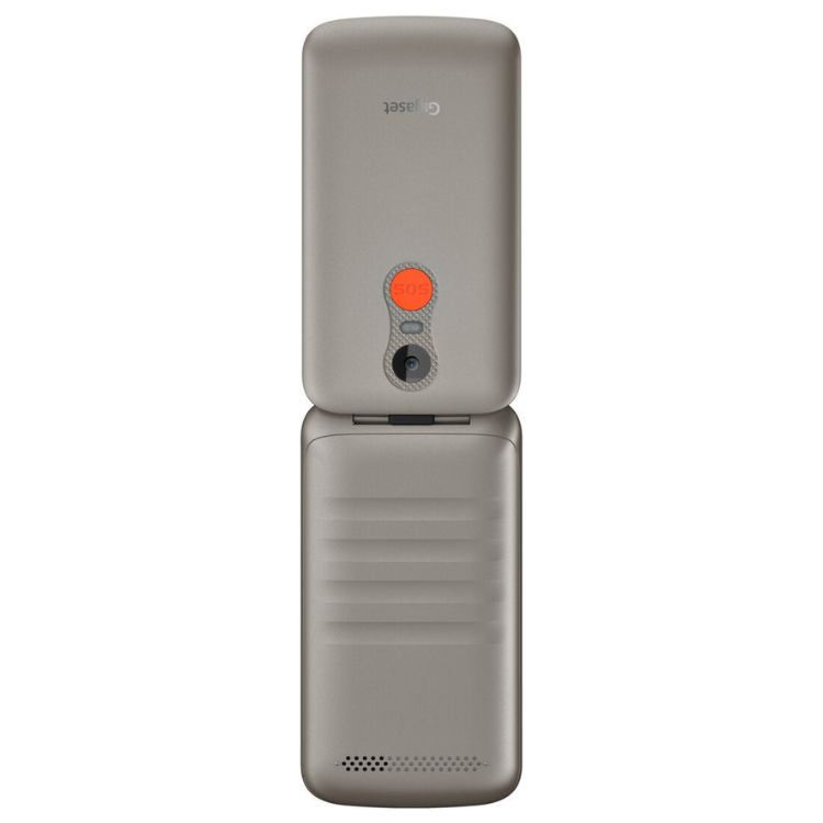 Telemóvel sénior Gigaset GL595 prateado, com ecrã 2.8", botão SOS laranja e câmera.