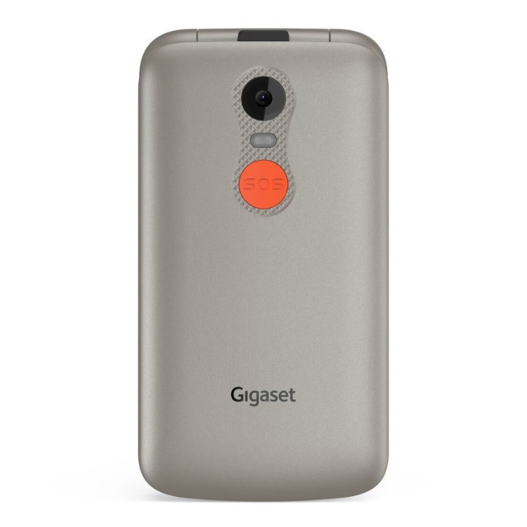 Telemóvel sénior Gigaset GL595 prateado com botão SOS e câmara.