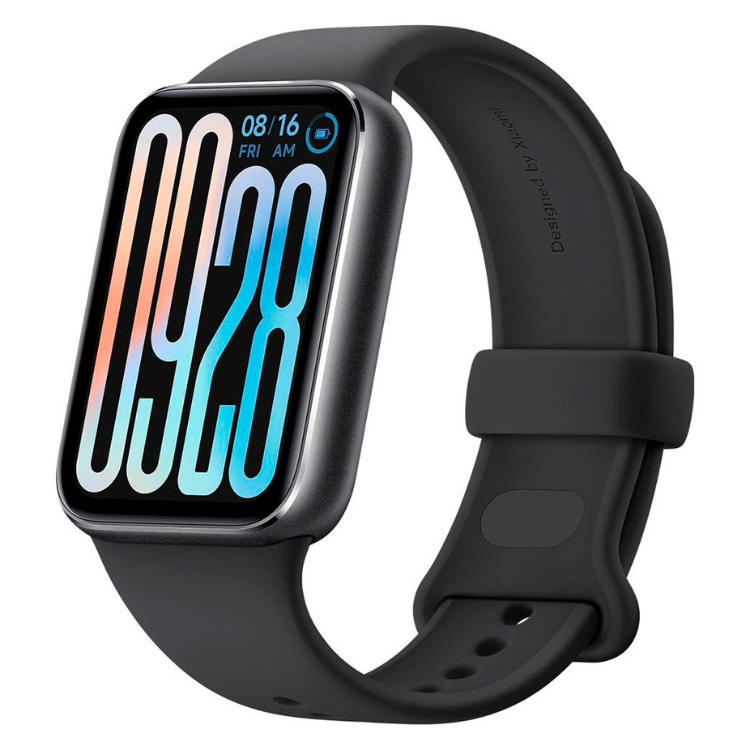 Smartband Xiaomi Smart Band 9 Pro preta com pulseira de silicone e ecrã digital colorido.