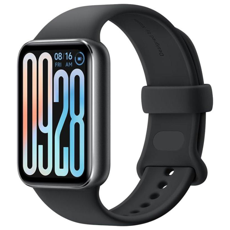 Smartband Xiaomi Smart Band 9 Pro preta com pulseira de silicone e ecrã digital colorido a mostrar data e hora.