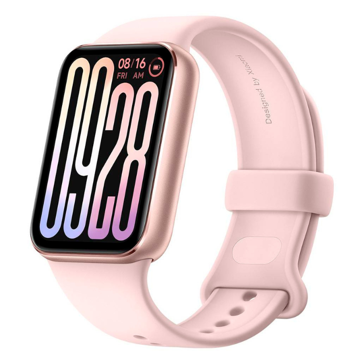 Smartband Xiaomi Smart Band 9 Pro rosa com pulseira de silicone e ecrã digital colorido.