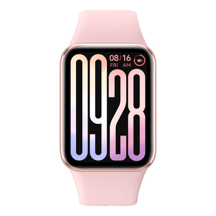 Smartband Xiaomi Smart Band 9 Pro rosa com pulseira rosa e ecrã digital.
