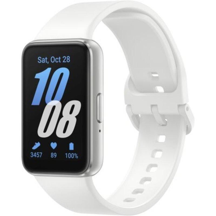 Smartband Samsung Galaxy Fit 3 R390 40mm Branco, com pulseira branca e mostrador preto a exibir data e informações de atividade.