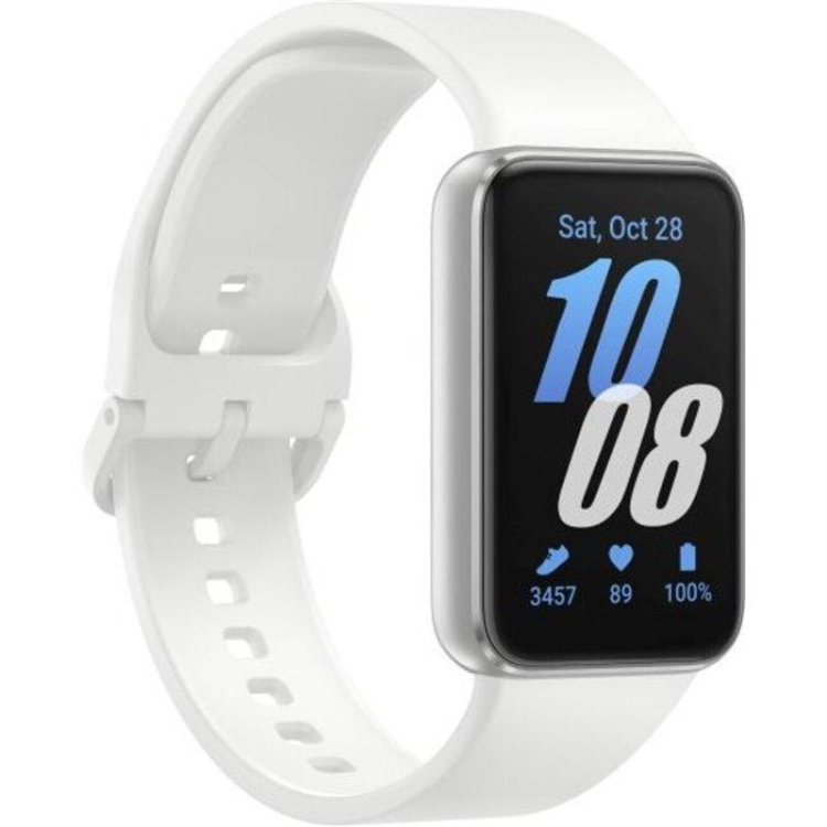 Smartband Samsung Galaxy Fit 3 R390 40mm Prateado com pulseira branca e ecrã preto a mostrar data e indicadores de atividade.