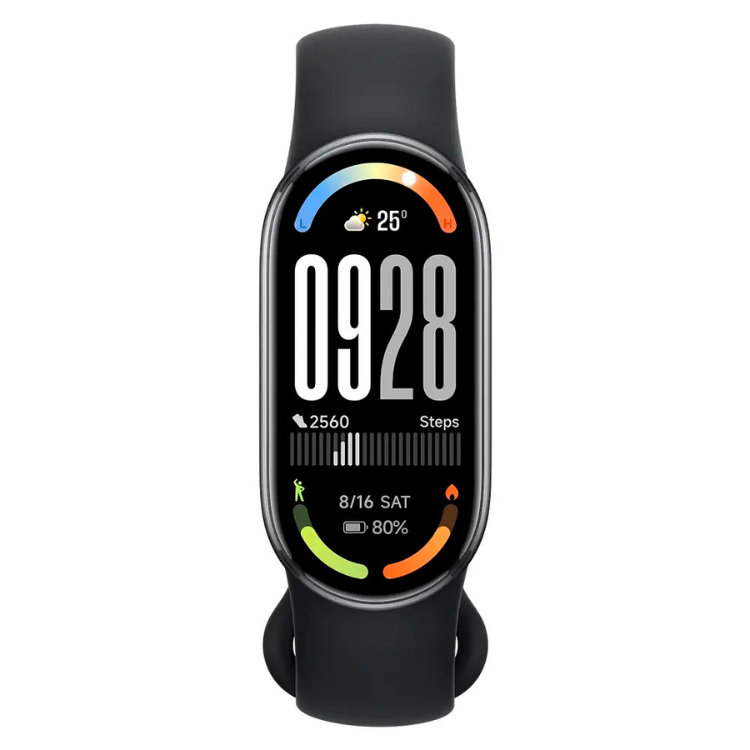 Smartband Xiaomi Smart Band 10 preto, com ecrã digital e pulseira preta, mostrando data, hora e passos dados.