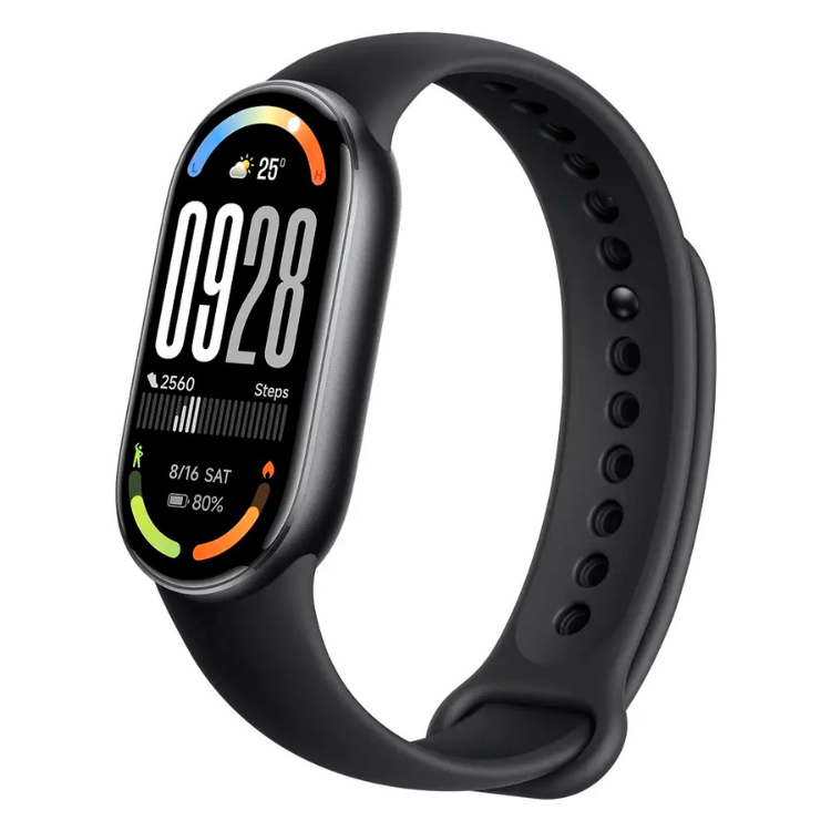 Smartband Xiaomi Smart Band 10 preto, com pulseira de silicone e ecrã digital a mostrar dados de atividade e saúde.