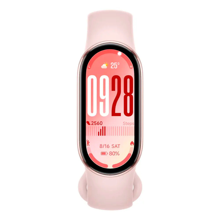 Smartband Xiaomi Smart Band 10 rosa com mostrador digital a exibir data, passos e outros dados de atividade física.