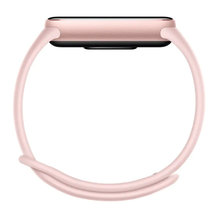 Smartband Xiaomi rosa com pulseira de silicone e ecrã retangular.