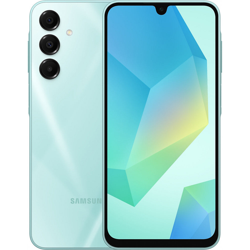 Telemóvel Samsung verde claro com três câmaras e ecrã colorido.