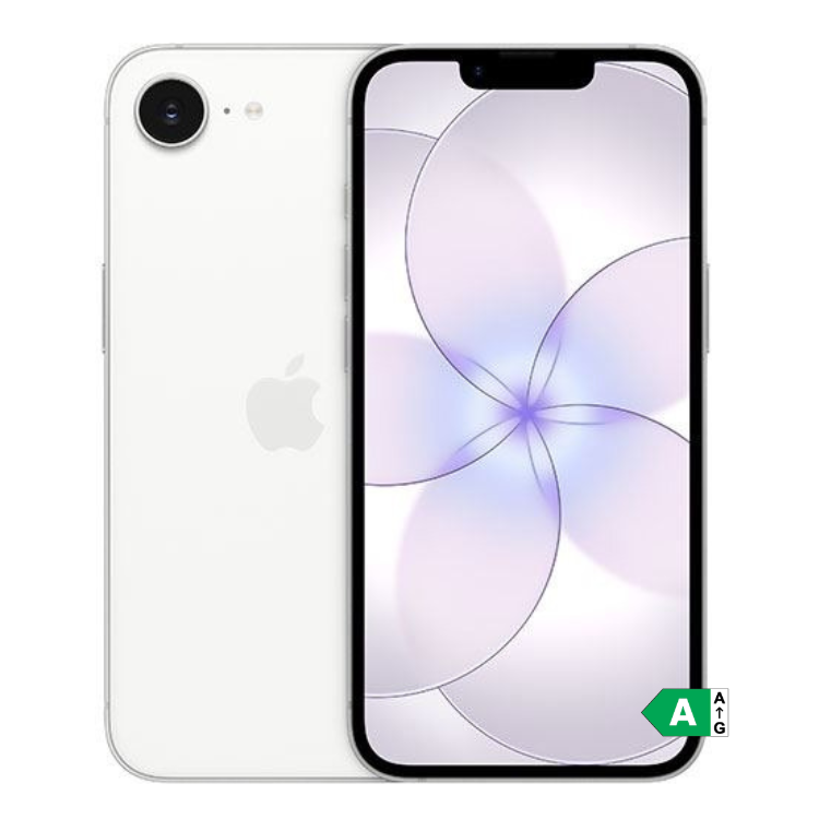 iPhone 17e branco, 256GB, ecrã com wallpaper de círculos violeta e preto, e câmera traseira dupla.