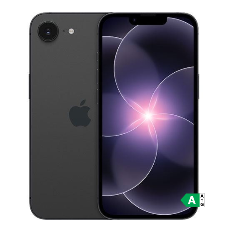 iPhone 17e preto, 256GB, marca Apple, com câmera e ecrã ligado.