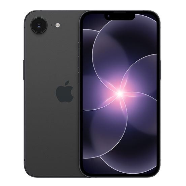 iPhone 17e preto, 256GB, marca Apple, com câmera e ecrã ligado.