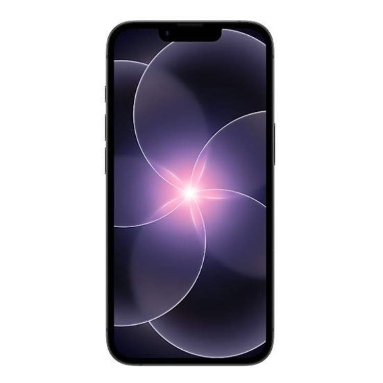iPhone 17e preto, ecrã com wallpaper de círculos e ponto de luz, 256GB.