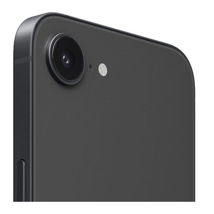 iPhone 17e preto, 256GB, detalhes da câmera traseira e lateral.