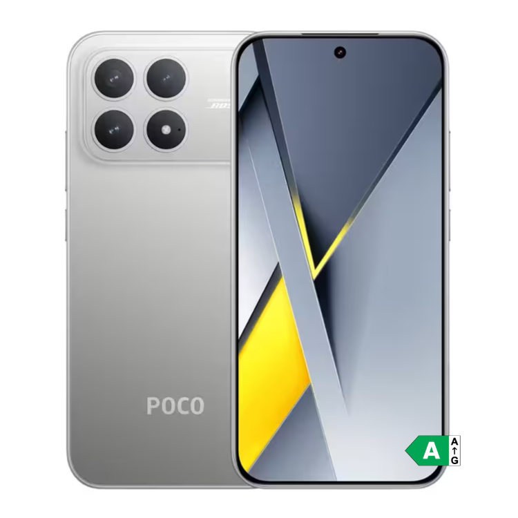 Smartphone POCO F8 Pro 5G prata, com quatro câmeras e ecrã ligado.