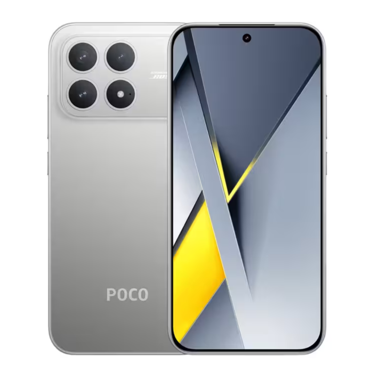 Smartphone POCO F8 Pro 5G prata, 12GB/256GB, câmaras quádruplas e ecrã com imagem de fundo amarela e cinza.