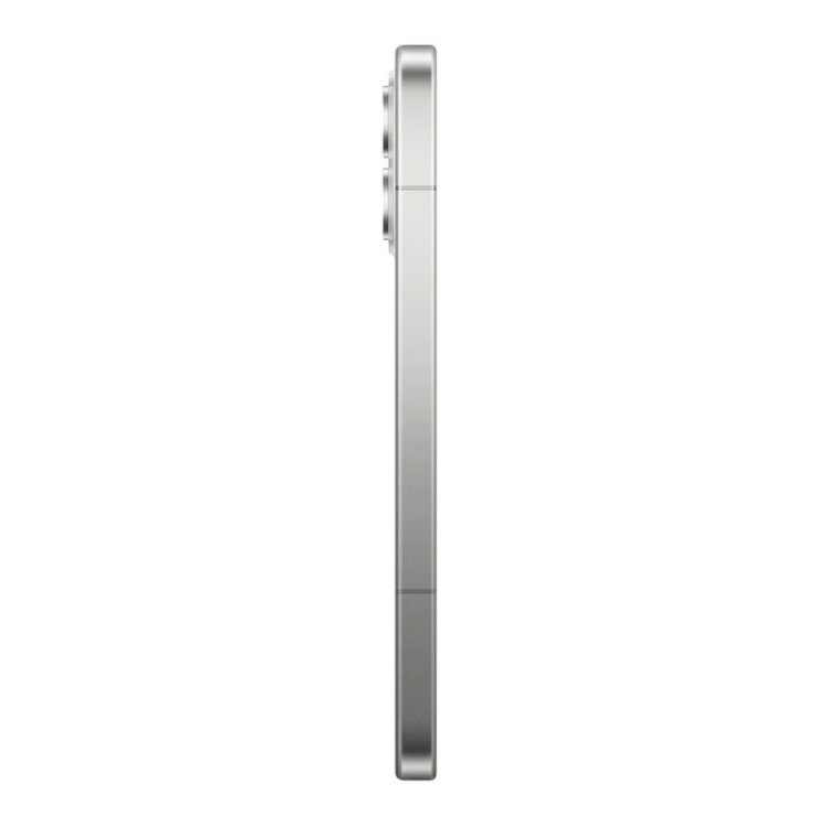 Smartphone Poco F8 Pro 5G prateado, lado direito com botões e câmera, contra fundo branco.