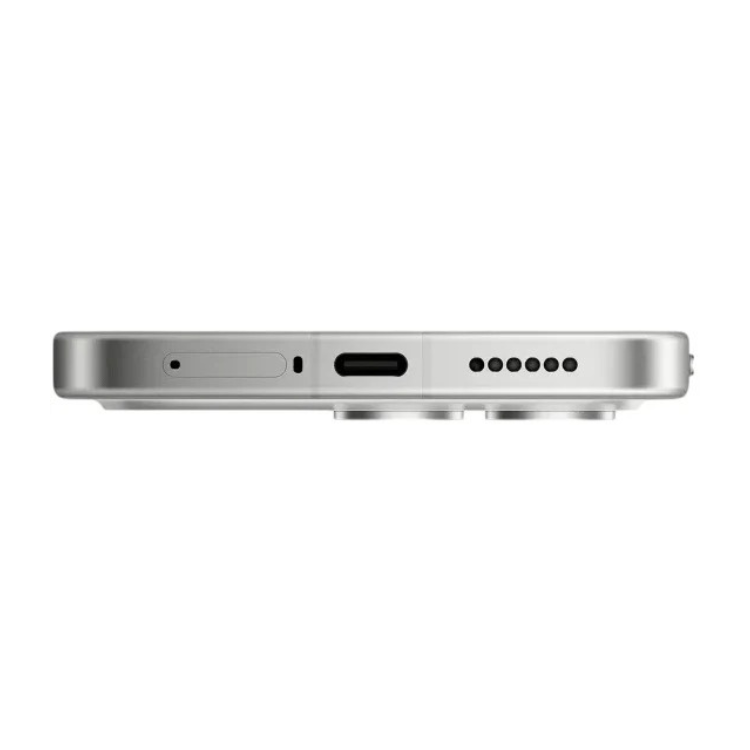 Poco F8 Pro 5G prata, vista lateral com várias entradas e sensores.
