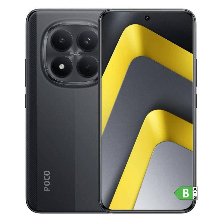 Poco M8 5G preto, smartphone com câmara tripla e ecrã com imagem amarela e cinza.